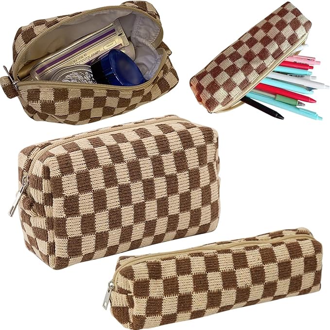 4pcs Checkered Makeup Bag Cosmetic Bag for Women, Y2k Accessories Aesthetic Plaid Makeup Bag for Women, Large Capacity Pencil Case Makeup Brushes Storage Bag Travel Toiletry Bag Organizer