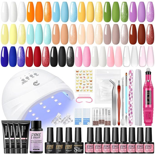 Gel Nail Polish Kit with U V Light and Drill 16PC Gel Polish Kit 4PC Poly Nail Gel Starter Kit 4PC Matte/Glossy/Glitter Base Top Coat Nail Stickers Manicure Tool Salon Gift for Women