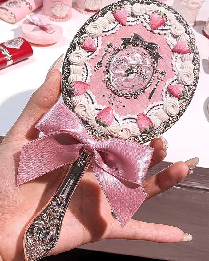 Flower Knows Strawberry Cupid Hand Mirror,Portable Vintage Handheld Mirror,Durable Metal Mirror,Cute & Aesthetic Princess Mirror,with Long Handle for Easy Holding,Gift for Girls(Milk Pink)