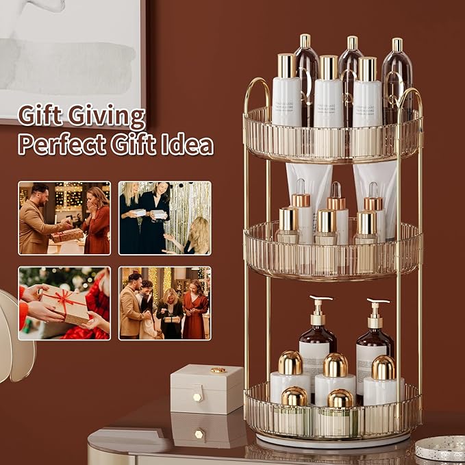 360° Rotating Makeup Organizer for Vanity - 3 Tier Perfume Organizer with Large Capacity - Skincare Organizer for Bathroom Counter - Space-Saving Cosmetic Storage for Dresser Countertop (Gold)