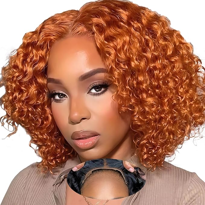 5×5 Closure Bob Wig Human Hair Glueless Wigs Human Hair Pre Plucked Pre Cut Short Curly Wig Water Wave Middle Part 350# Ginger for Women Wigs for Black Women 10Inch