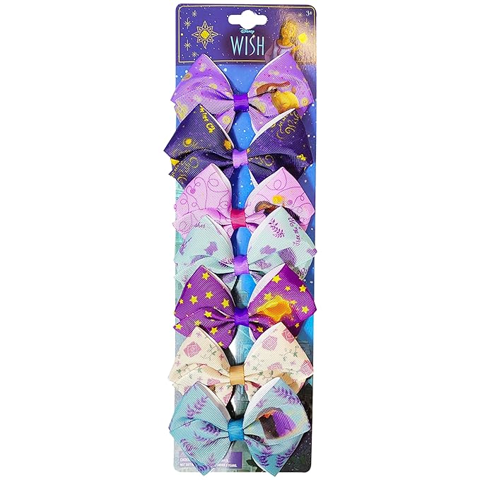 Disney Wish Kids Hair Bows - Hair Accessories Set - 7 Pcs 4 Inch Bow Bundle - Hair Bows for Girls - Different print on each clip - Alligator Clip - Ages 3+