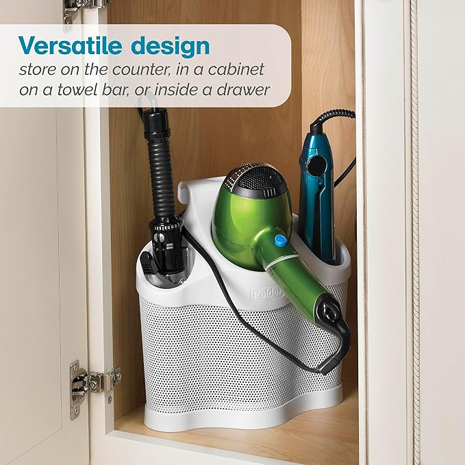 Polder Style Station, Tool Organizer for Hair Dryer, Curling Iron, and Straightener, Easy-to-Store Hair Styling Station, White and Silver