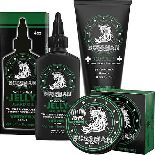 Bossman Essentials Beard Kit for Men – Beard Oil Jelly, Fortifying Conditioner Cream & Beard Balm – Grooming Care Accessories (Vetiver X Scent)