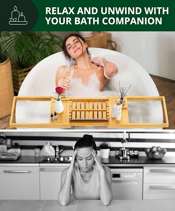 ROYAL CRAFT WOOD Premium Foldable Bathtub Tray - Wood Bath Tray for Tub, Bamboo Shelf, Expandable Bath Table Trays, Bathtub & Bathroom Accessories for New Home & Mothers Day & Birthday Gifts for Mom