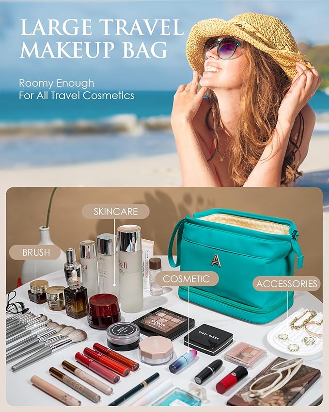 Gift for Teens Girls, Birthday Gift for Her, Makeup Bags, Waterproof Double Layer Cosmetic Bag, Large Capacity PU Leather Makeup Bags Letter Travel Toiletry Bag, Initial Gifts for Coworkers