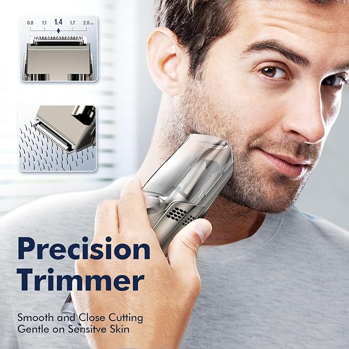 Vacuum Beard Trimmer for Men, New Version Adjustable Precision Trimming Length with 2 Comb, Electric Cordless Vacuum Trimmer for Beard, Waterproof and Rinses Easy, Blades for Skin fit