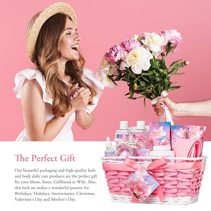Spa Gifts for Women, Home Spa Gift Basket, Luxury 12 Pcs Gift Set for Women Enchanted Cherry Blossom Scent Bath & Body Gift Set, Pamper Gifts for girls & Teens Spa Kit Birthday Gift, Spa Gifts