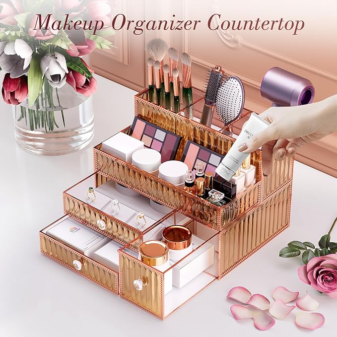 Makeup Organizer Golden- Tempered Glass Vanity Organizer for Cosmetics, Skincare, Hair Tools, Brushes, Perfume - Multipurpose Bathroom Counter Skincare Organizer