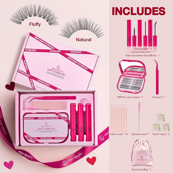 Lash Clusters Kit with Bond and Seal Lash Clusters Left &Right Lash Extension Kit with Eyelid Wipes Remover Eyelash Brush Eyelash Extension Kit Gift Set with Drawstring Bag Portable Lash Starter