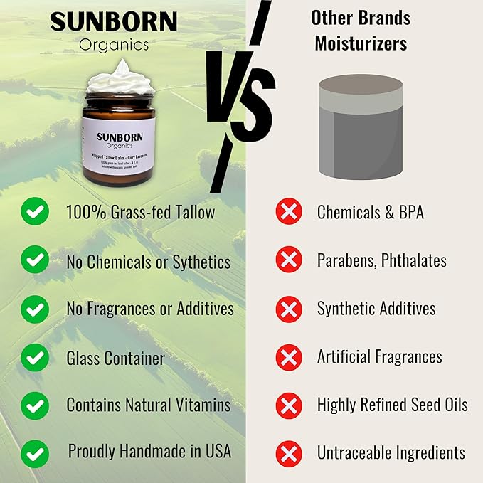 Pure Whipped Tallow Balm | Handmade in USA | 100% Organic Grass-Fed Beef Tallow for Skin | Beef Tallow Face Moisturizer Lotion for Dry Skin, Eczema, Baby, Lip Balm (4oz, Cozy Lavender)