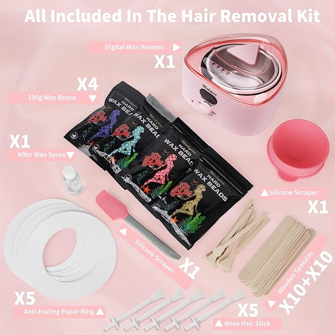 Brazilian Waxing Kit - Bikini & Full Body Hair Removal with Digital Warmer, 4 Scented Wax Beads & 33 Silicone Tools - Home Waxing for Women & Men, Face & Body Care (Pink)