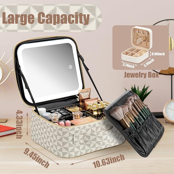 Makeup Travel Train Case with Mirror LED Light 3 Adjustable Brightness Cosmetic Bag Portable Storage Adjustable Partition Waterproof Makeup Brushes Makeup Jewelry Gift for Women