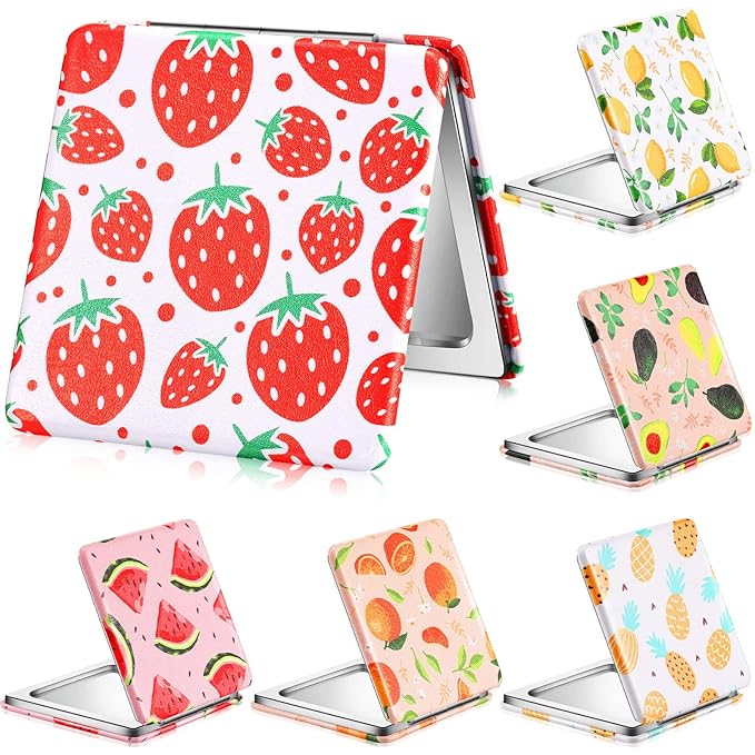 Vicenpal Compact Mirrors Small Pocket Fruit Design Mini Magnifying Portable Makeup Compact Pu Leather Double Sided Pocket Mirror for Women Girls Mother Kids Gift(6 Pcs)