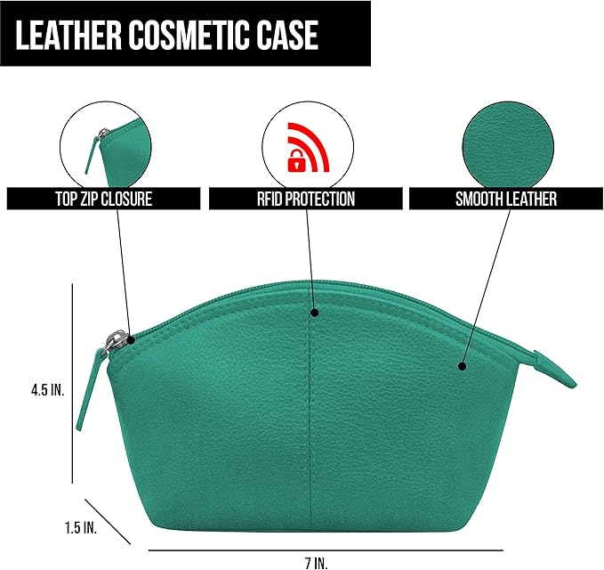 ili New York Genuine Leather Cosmetic Pouch – RFID Blocking, Leather Makeup Bag for Purse with Top Zip Closure & Interior Zip Pocket, Perfect as a Compact and Stylish Travel Cosmetic Bag