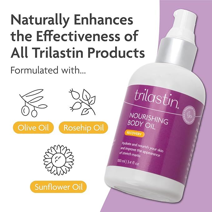 TriLASTIN Belly Oil (3.4oz) | Vitamin-Infused Stretch Mark Oil | Belly Oil for Expecting Mothers | Serum for Scars and Stretch Marks | Body Oil | Paraben-Free and Hypoallergenic