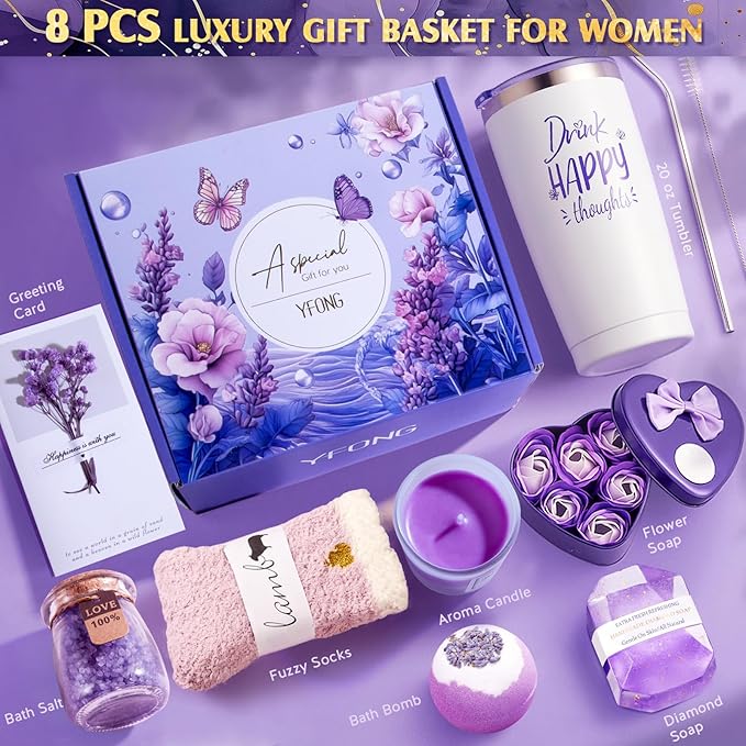 YFONG 8 Pcs Luxury Spa Gift Set for Women, Relaxing Happy Birthday Package for Mom Wife Her Best Friends Sister, Mothers Day Gifts Idea, 20 oz Tumbler – Ultimate Self-Care Get Well Soon Bundle Basket
