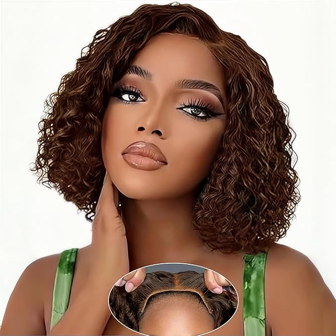 5×5 Closure Bob Wig Human Hair Glueless Wigs Human Hair Pre Plucked Pre Cut Short Curly Wig Water Wave Middle Part 4# Chocolate Brown for Women Wigs for Black Women 12Inch