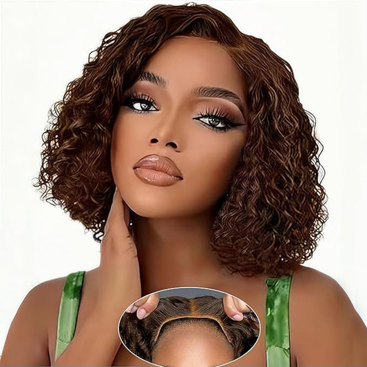5×5 Closure Bob Wig Human Hair Glueless Wigs Human Hair Pre Plucked Pre Cut Short Curly Wig Water Wave Middle Part 4# Chocolate Brown for Women Wigs for Black Women 12Inch