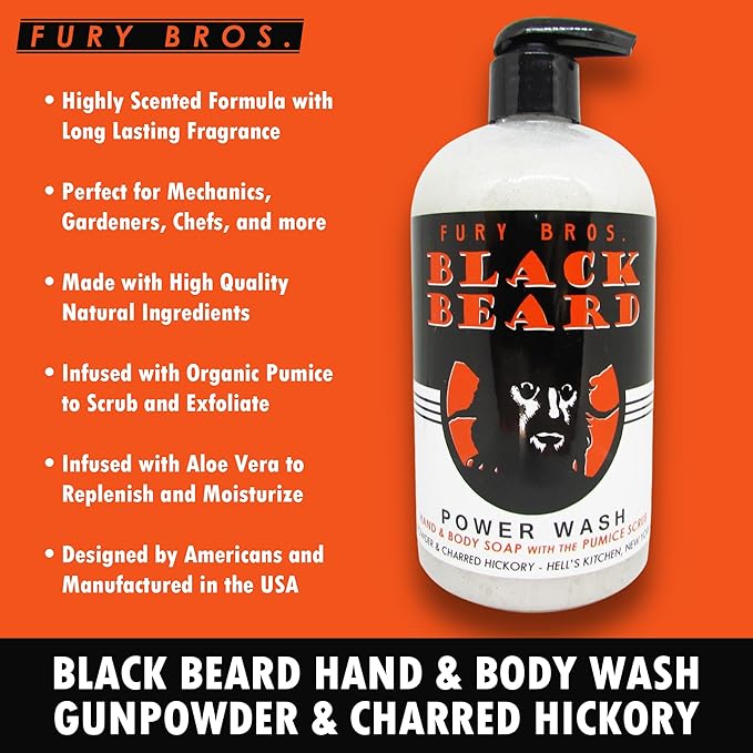 Premium Power Wash | Black Beard | Gunpowder & Charred Hickory | Hand & Body Wash | Exfoliating Pumice | Moisturizing Aloe Vera | Highly Scented | Made in USA | 16 oz | Dad Men Bath