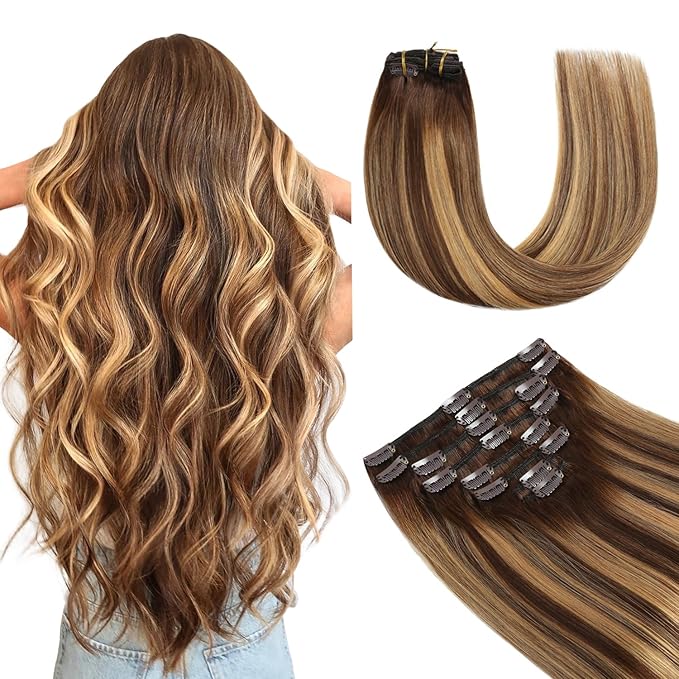 YILITE Clip in Hair Extensions Real Human Hair Balayage Chocolate Brown to Caramel Blonde 120Gram 8Pcs 18 Clip Full Head Double Weft Invisible Straight Remy Hair Extensions Clip in 22inches #P4-27-T4