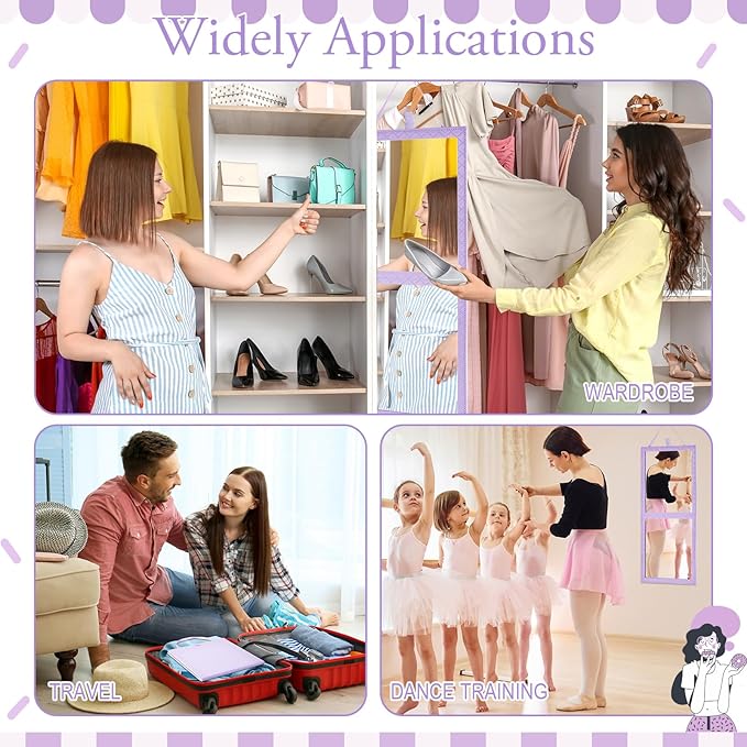 Foldable Backstage Mirror with Handle 24.61x 11.22 Inch Leather Folding Hanging Mirror Rectangular for Travel Dance Bag Home Fitness Spa Gift for Dancers(Purple)