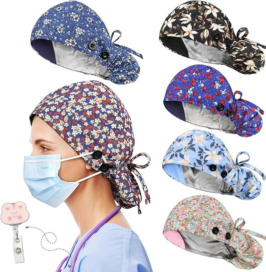 6 Pcs Scrub Caps Women Satin Lined Scrub Caps Women Ponytail Surgical Caps for Women Scrub Hats Women Ponytail Pouch Tie Back, Badge Holder 1 Pcs