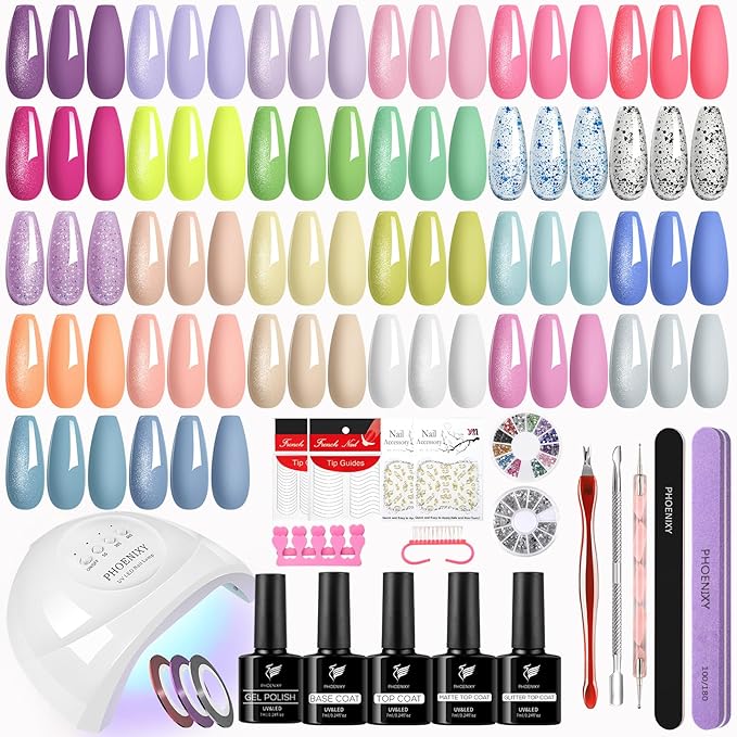 PHOENIXY 47 PCS Gel Nail Polish Kit with U V Light, Gel Nail Polish Set with Manicure Starter Kit, Base Top Coat DIY Nail Art Salon Home Gifts for Women