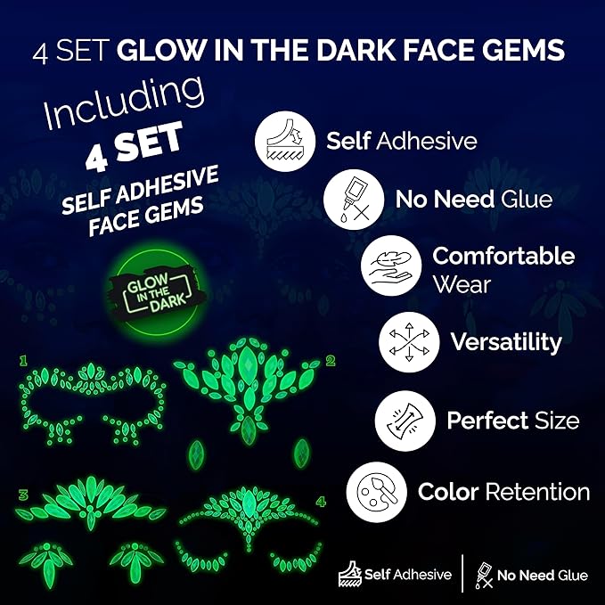 Face Gems Adhesive Glitter Jewel Tattoo Sticker Festival Gems Rave Party Body Make Up (GLOW IN THE DARK)