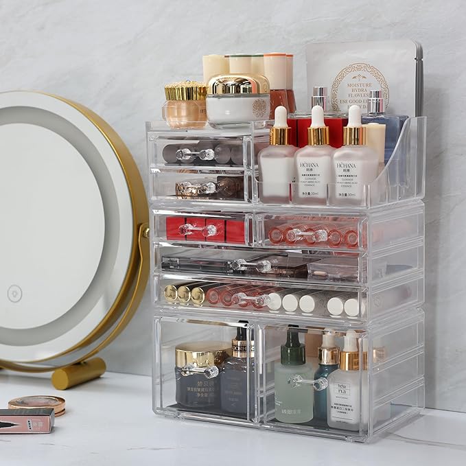 Cq acrylic 3 Pack Clear Makeup Organizer Countertop,Stackable 8 Drawers Skin Care Organizer,Cute Make Up Organizers for Vanity Jewelry,Hair Accessory,Beauty,Skin Care,Skincare Product Desk Storage