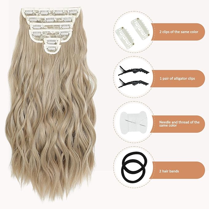 Clip in Hair Extensions for Women - 20 Inch Long Wavy Brown Extensions, 6PCS Light Brown Mix Blonde Hairpieces that Blend Naturally with Your Real Hair (20 Inch, Light Brown Mix Blonde)