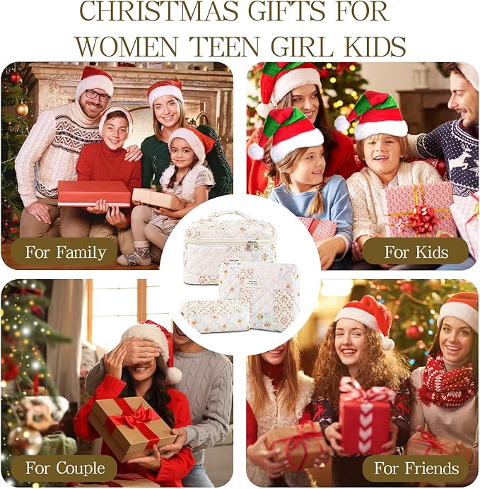 Makeup Bag, 3 PCS Quilted Makeup Bag, Cute Floral Cotton Cosmetic Bag set, Coquette Makeup Pouch Large Travel Toiletry Bag