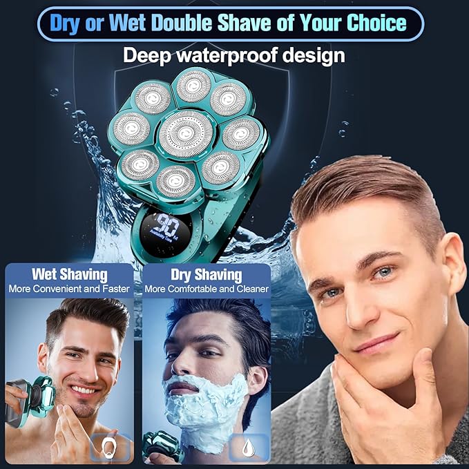 9D Head Shavers for Bald Men, Electric Shaver for Men,6 in 1 Mens Grooming Kit with Nose Hair Trimmer, Beard Trimmer,Waterproof Wet/Dry Rotary Shaver,Gift for Father, Husband, Boyfriend (Green)