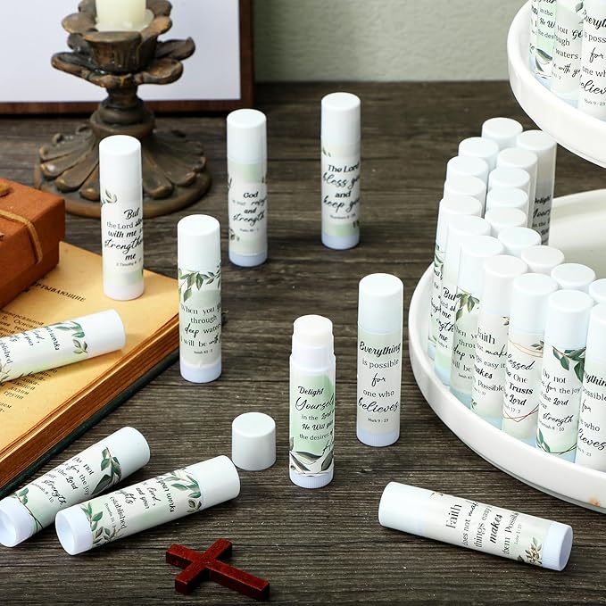 50 Pcs Lip Balm Bulk Christian Gift for Women Faith Religious Bible Verse Lip Balm Inspirational Gift Scripture Moisturizing Lip Care Product for Coworker Sister Teacher(Eucalyptus Leaf)
