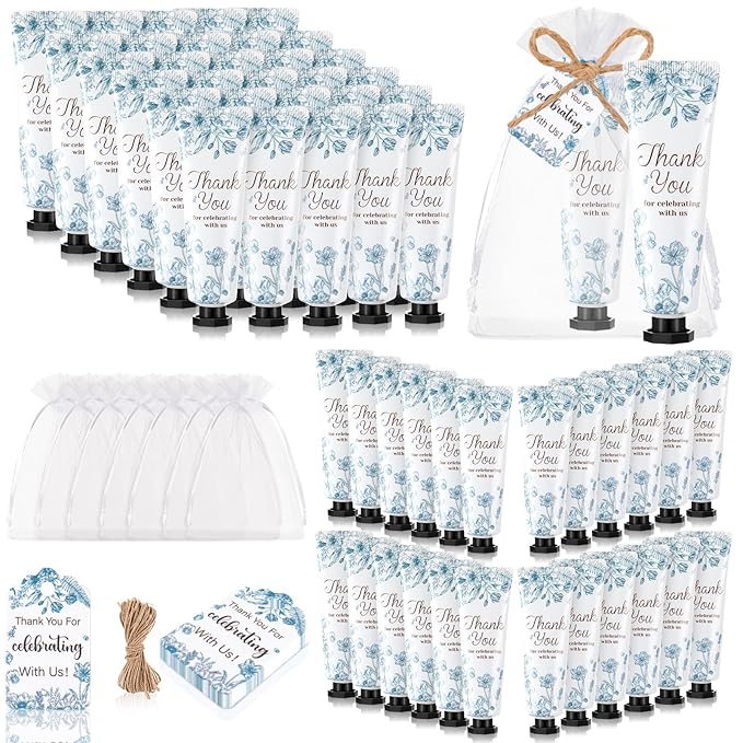 48 Sets Baby Shower Hand Cream Party Favors for Guests Gift Bulk Travel Size Hand Lotion Set for Baby Shower Wedding Christmas(Blue Flower)