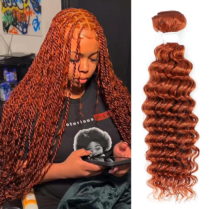 Human Hair for Braiding Deep Wave Bulk Double Weft 95g Ginger Orange Bundles 18 Inch Brazilian Virgin Human Hair Curly Wave Hair Extension for Boho Braids #350 Human Hair Bundles for Women