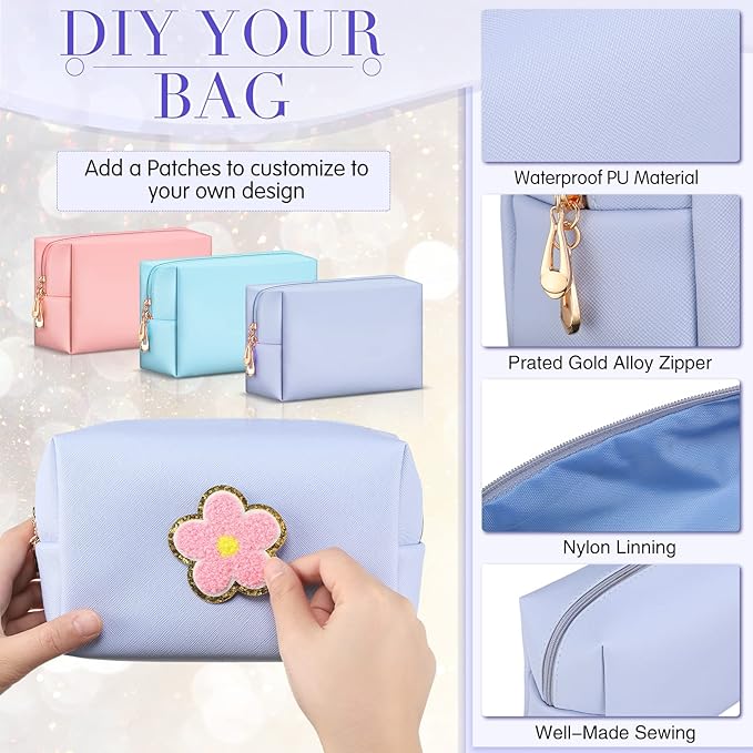 Sanwuta 9 Pcs Preppy Makeup Bag PU Leather Cosmetic Bag Makeup Pouch Plain Waterproof Toiletry Organizers for Traveling Preppy Travel Purse End of the Year Teacher Gifts Bulk(Pink, Blue, Purple)