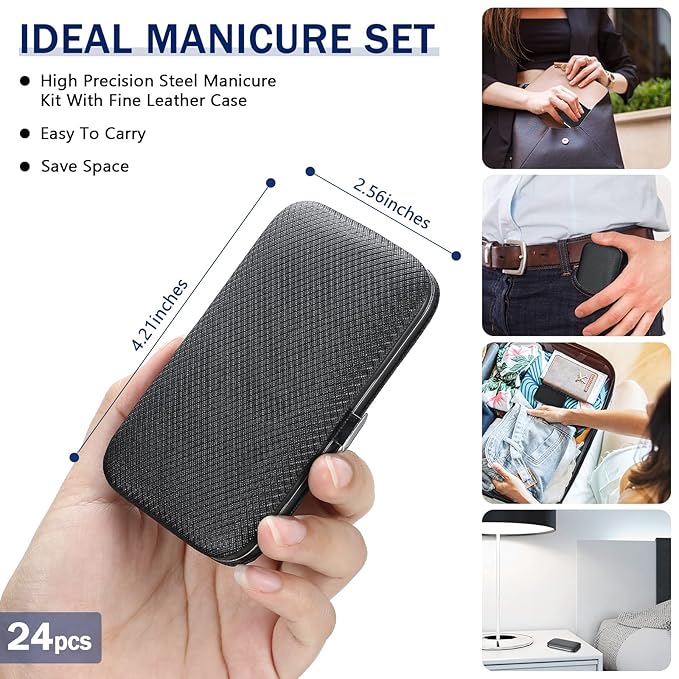 Lasnten 24 Set Manicure Set Bulk Nail Clippers Grooming Nail Kit Stainless Steel Professional Pedicure Kit Pedicure Tools with Travel Case Gifts for Men Women Personal(8 in 1,Black)