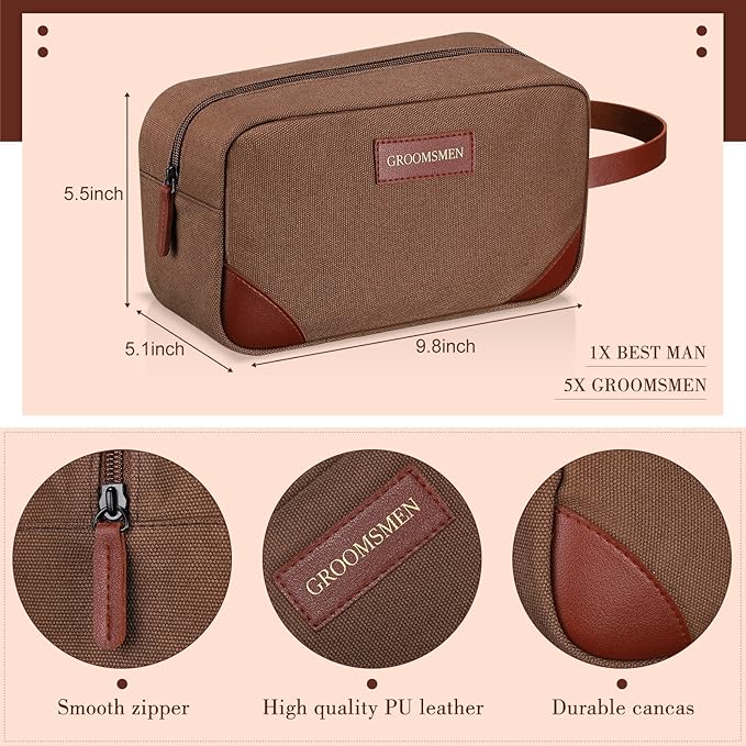 Eccliy 6 Set Groomsmen Gifts Men Toiletry Bags Men's Travel Shaving Kit Bathroom Bags Water Resistant Toiletry Case for Wedding Groomsman Proposal Gift Travel Accessories(Brown)