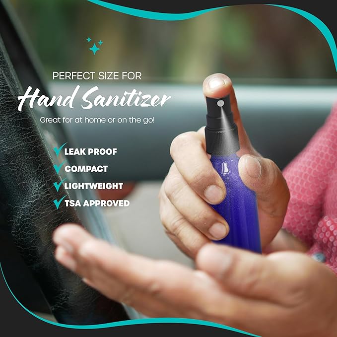 Nevlers Cobalt Blue 2 Oz Glass Spray Bottles 48 Pack | Small Spray Bottle for Hair Set w/Shrink Wrap, Funnel, Brush, Labels & Marker | UV Protected Atomizer Sprayer Glass Travel Containers for Liquids