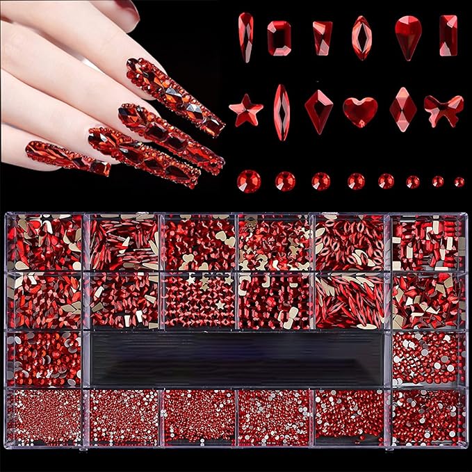 3100Pcs Crystal Red Nail Rhinestones,HOINCO Rhinestones for Nails,Nail Gems and Rhinestones Gems Multi Shapes Nail Charms for Nails Nail Crystal Beads Jewel for DIY Nail Art with Tweezers and Pen