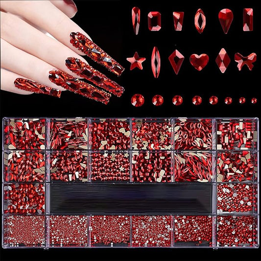 3100Pcs Crystal Red Nail Rhinestones,HOINCO Rhinestones for Nails,Nail Gems and Rhinestones Gems Multi Shapes Nail Charms for Nails Nail Crystal Beads Jewel for DIY Nail Art with Tweezers and Pen