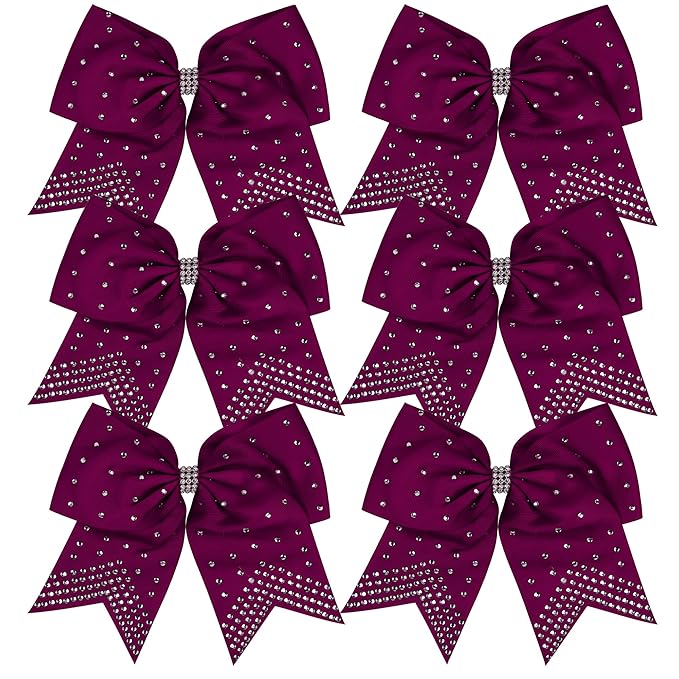 8 Inch Cheerleader Bows Ponytail Holder with Bling Fling Rhinestones Hair Tie Cheerleading Bows 6 Pcs (Maroon)
