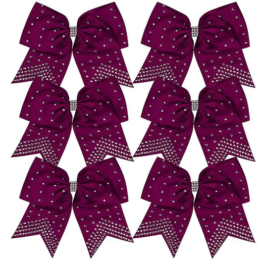 8 Inch Cheerleader Bows Ponytail Holder with Bling Fling Rhinestones Hair Tie Cheerleading Bows 6 Pcs (Maroon)