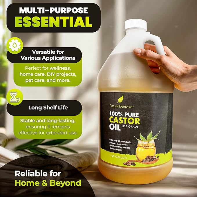 Natural Elements 100% Castor Oil USP Grade | Cold Pressed | Hexane Free | High Purity, Premium Quality