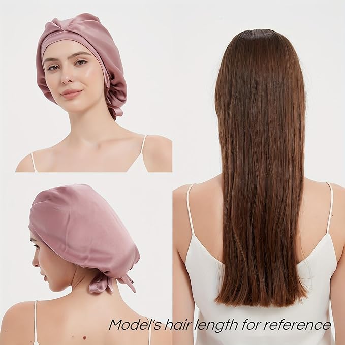 RachelSilk 100% Mulberry Silk Sleep Cap, Grade 6A 19 Momme Silk for Women Hair Care, Silk Night Bonnet with Elastic Stay On Head, Silk Cap after Shower, for Small -Medium Head Size (Rose)