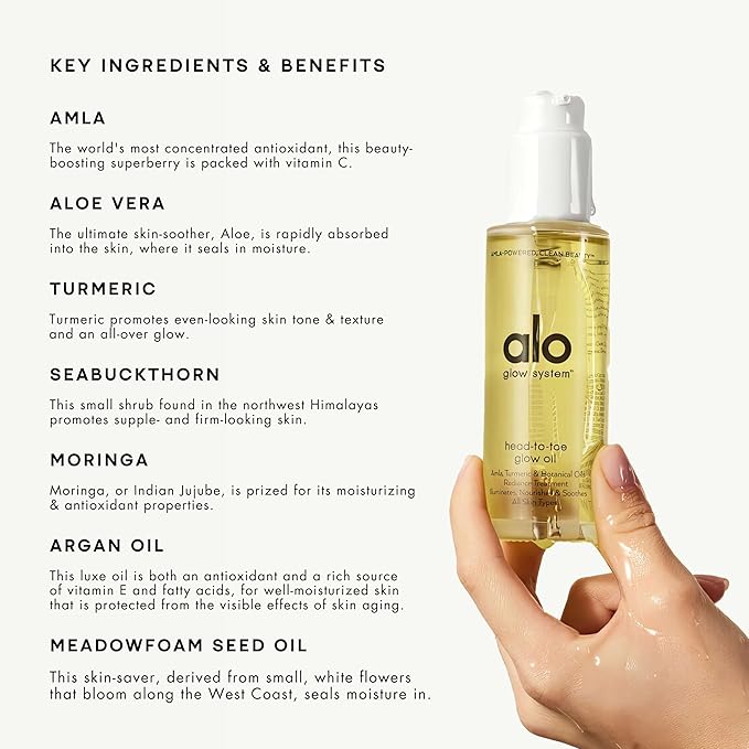 Alo Head-to-Toe Glow Oil | Glow-Boosting Natural Dry Body Oil | Jojoba, Amla, Aloe & Vitamin E | Hydrates & Nourishes Skin | Citrus Scent | 0.7 Oz