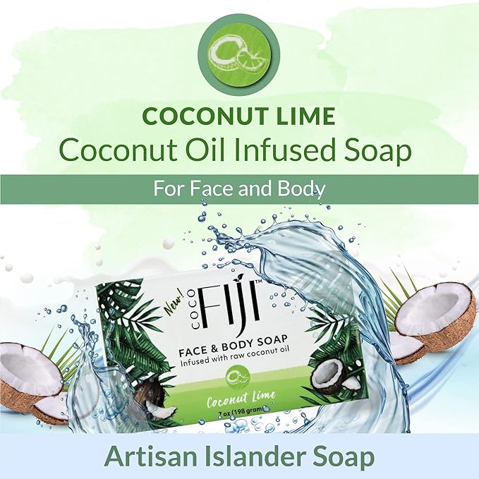 Coco Fiji Soap Bar for Face and Body Infused With Organic Coconut Oil, Coconut Lime, Essential Oil, Natural Soap for Moisturizing & Pore Purifying Skin, 7 oz,Pack of 2