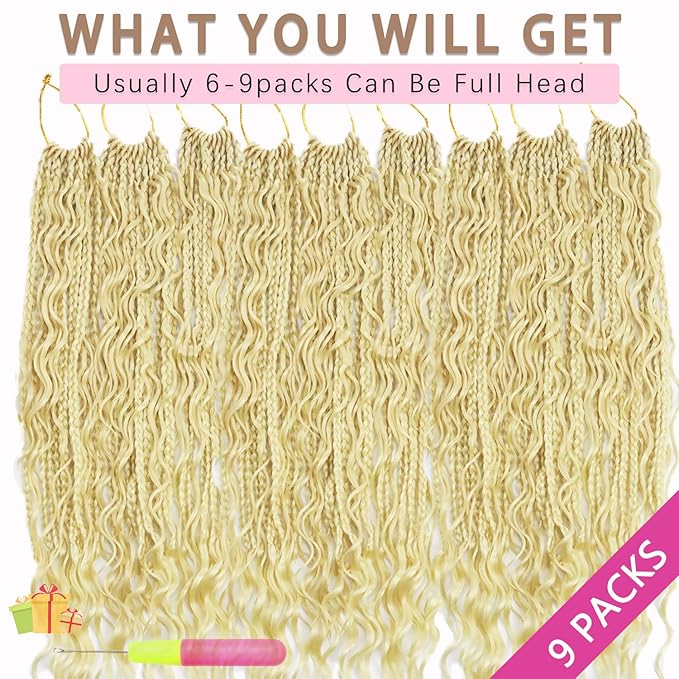 14 Inch Goddess Box Braids Crochet Hair 9 Packs Bohemian Crochet Box Braids with Curly Ends Pre looped Boho Crochet Braid Human Hair (14Inch, 613#)