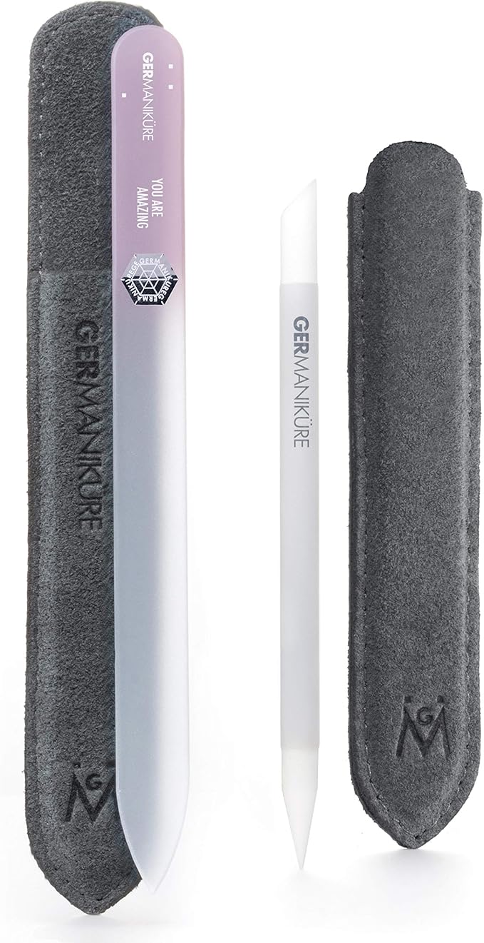 GERMANIKURE 2 Pc Glass Bundle - Crystal Glass Cuticle Stick & You are Amazing Nail File in Suede Sleeves – Handmade in Czech Republic – Professional Manicure Supplies – Cuticle Pusher, Callous Remover